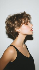 Obraz premium Model poses in profile against a plain background showcasing short curly hair and subtle makeup.