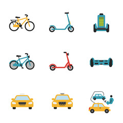 Naklejka premium Nine vector illustrations of transport vehicles bikes scooters hoverboards and taxis