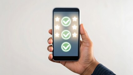 A hand holds a smartphone displaying green checkmarks and stars, symbolizing approval or achievement.