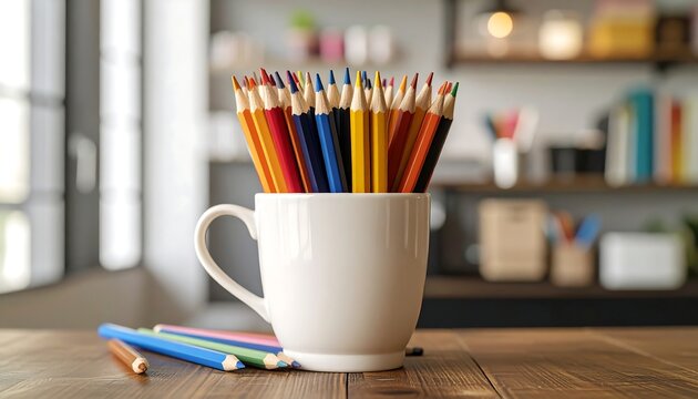 Colorful pencils in a white mug on a wooden table, with a blurred background of a home office space