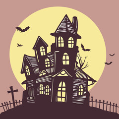 Spooky Halloween House Silhouette Against Full Moon with Bats