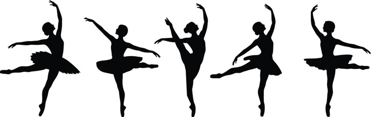 Silhouette vector set of ballerina dancing poses, elegant ballet dancer figures, classical dance movement illustration, isolated on white background