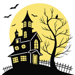 Spooky Silhouette Halloween Scene with Haunted House Bats and Moon