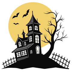 Spooky Halloween Haunted House Silhouette with Full Moon and Bats