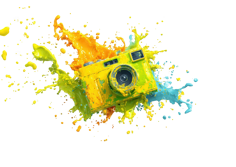 Colorful camera splattered with vibrant paint