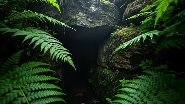 Lush ferns growing on mossy rocks create a calming and mysterious forest ambiance