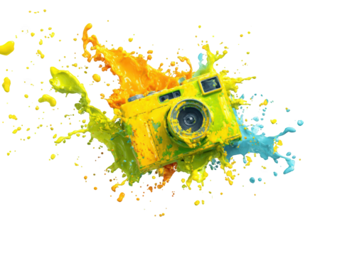 Colorful camera splattered with vibrant paint - Powered by Adobe