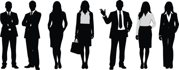 Business people silhouettes standing in formal attire, professional men and women in suits, office teamwork concept, flat vector illustration.