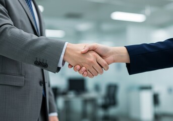 Close-up of Man in Grey Suit Jacket Shaking Hands with Businesswoman