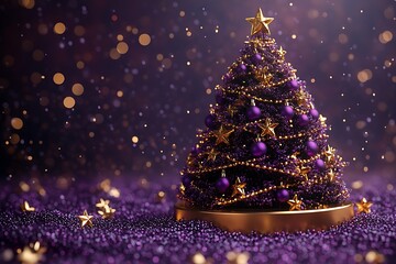 Purple Christmas tree with gold stars and ornaments on glittery background violet