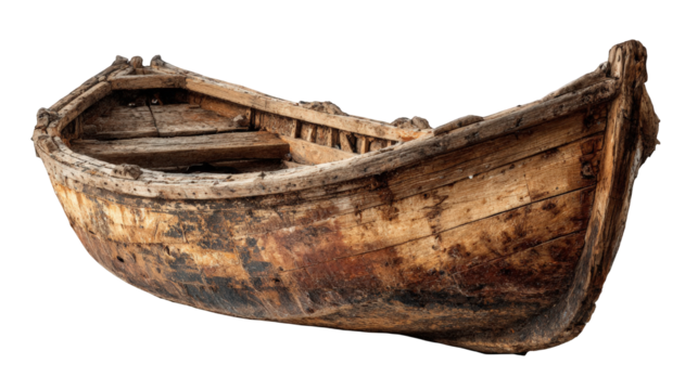 Aged wooden rowboat, isolated on black