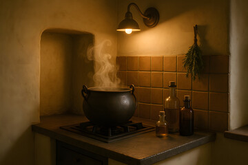Kitchen Corner Scene with Cauldron on Stove, Gentle Steam, Herb Bundle, and Unlabeled Bottles in Warm Light