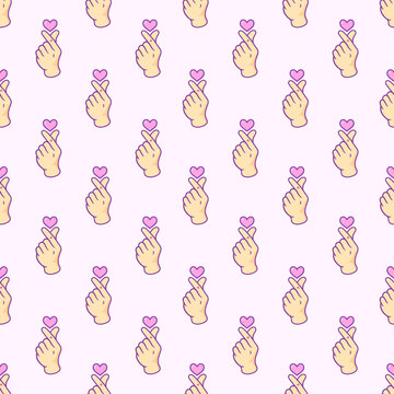 Korean finger heart seamless pattern, Finger love symbol background, K-POP colorful seamless pattern, Kawaii K-POP print for fans, cute cartoon Vector illustration