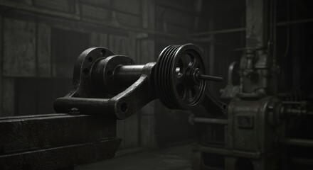 Fototapeta premium A close-up of intricate industrial machinery parts, showcasing a dark, aged, and detailed metal gear assembly in a dimly lit factory setting.