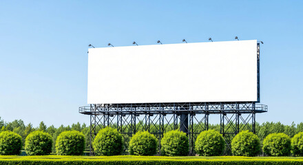Blank Billboard Against Blue Sky and Greenery