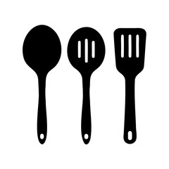 Minimalist illustration of essential kitchen cooking utensils on a white background