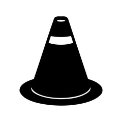 A monochrome illustration of a classic traffic cone with reflective stripe