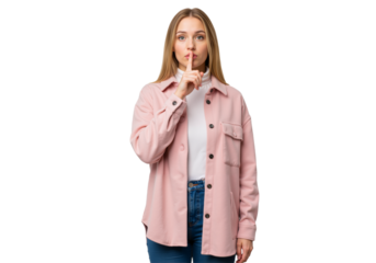 Woman making the shushing gesture, asking for silence and secrets