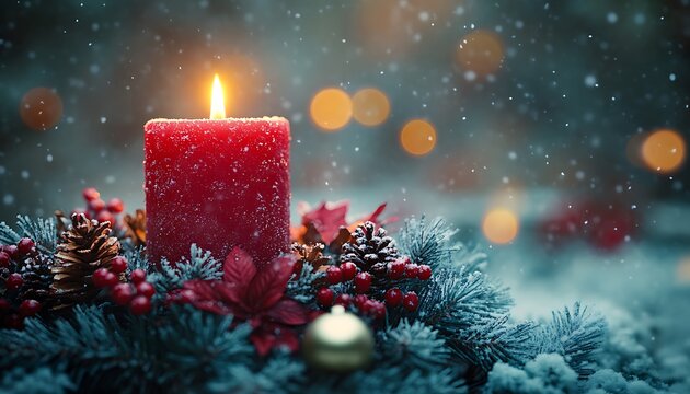 Red Christmas Candle With Pine Cones Berries and Snowflakes red candle burning candle