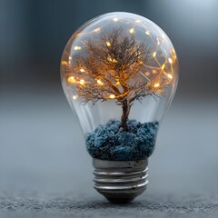 Green energy innovation light bulb with renewable power generation icons, sustainable development, ecology, and environmental concept