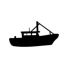 Silhouette of a sturdy fishing vessel with rigging, ready for the open sea
