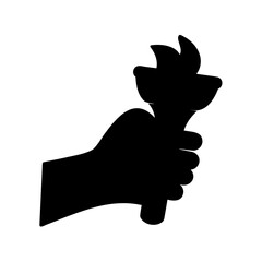 Silhouette of a hand holding a flaming torch against a white background