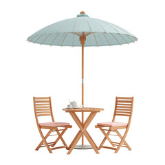Fototapeta premium Outdoor patio furniture set with light blue umbrella and wooden chairs and table isolated on transparent background