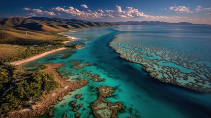 Aerial View of Australia’s Great Barrier Reef with Vibrant Coral Formations in Turquoise Water and Sunlit Wave Patterns, Stunning Natural Wonder from Above
