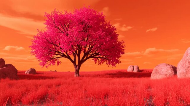 Surreal alien landscape with a vibrant pink tree in a field of red grass under an orange sky with large rocks