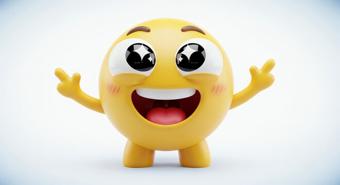 Vibrant 3D yellow emoji character with sparkling eyes rosy cheeks wide smile and welcoming raised arms.
