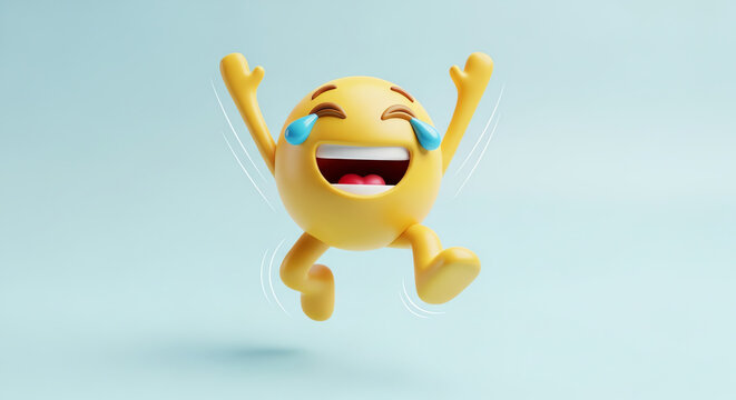 Vibrant yellow 3D emoji character laughing with tears of joy arms raised jumping. - Powered by Adobe