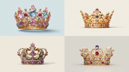 Four ornate gold crowns, adorned with colorful gemstones, displayed on a light background
