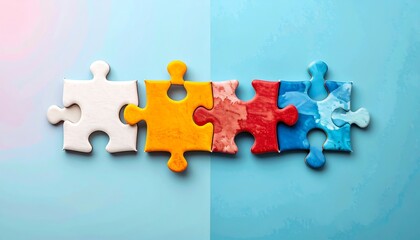 Colorful puzzle pieces arranged in a horizontal row on a light blue background