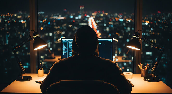 Person in Hooded Sweatshirt Working on Computer at Night with City Lights. - Powered by Adobe