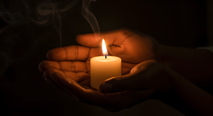 Holding a flickering candlelight in cupped hands darkness hope peace remembrance spirituality comfort memory loss grief mourning sympathy support candlelight vigil prayer faith religion