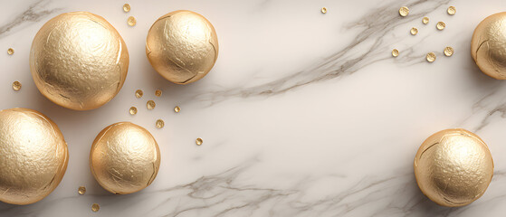 Several gold-colored spheres arranged on a marble surface.