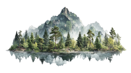 Misty mountain island reflected in water
