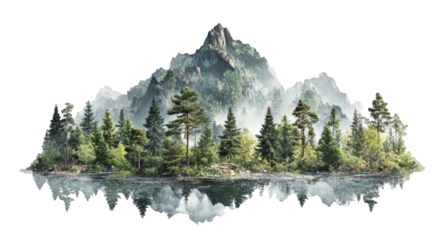Misty mountain island reflected in water