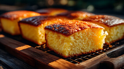 Several pieces of golden-brown cornbread on a dark wooden board.