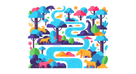 Fototapeta premium Colorful cartoon landscape with animals and a winding river