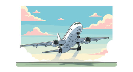 Airplane taking off with clouds in the sky cartoon style