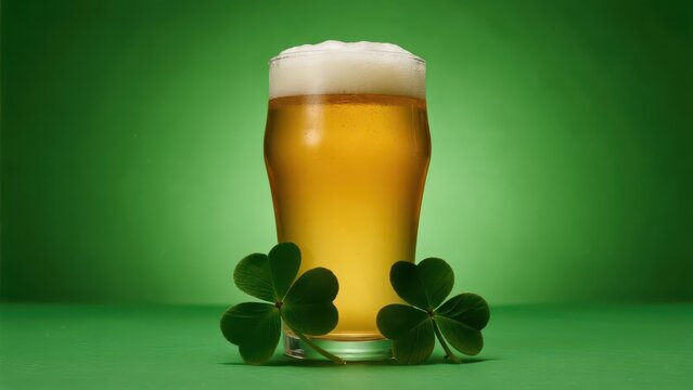 Related to St. Patrick's Day, in front of a green background, there are shamrocks next to a glass of beer, full of Irish festival atmosphere.
