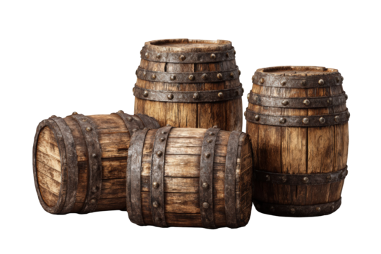 Three aged wooden barrels