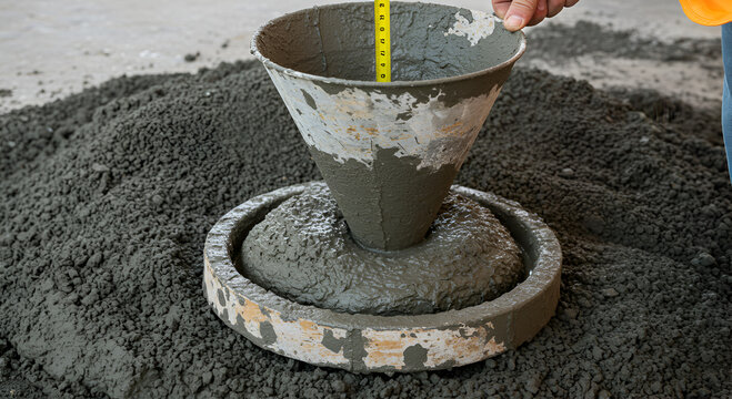 A worker measures the slump of concrete after it has been poured from a cone-shaped container onto a flat surface.