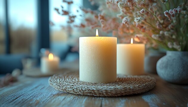 Three lit cream pillar candles on a woven mat with dried flowers flame