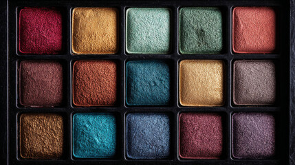 Colorful makeup palette featuring various eye shadows in vibrant shades, perfect for creative makeup looks and artistic expression