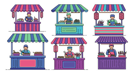 Illustration of six different food vendor stands with vendors