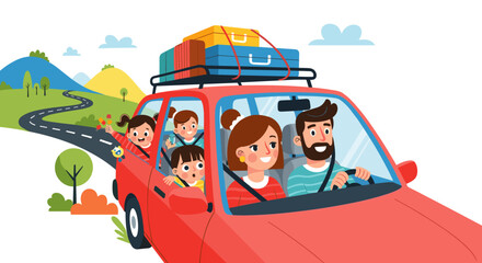 Fototapeta premium Family road trip in a red car with luggage on the roof rack