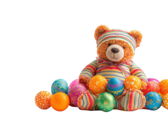 Teddy bear sitting amongst Easter eggs