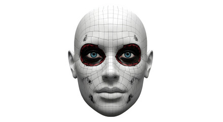 AI-Generated 3D Wireframe Woman's Face with Dark Eyes and Stitches